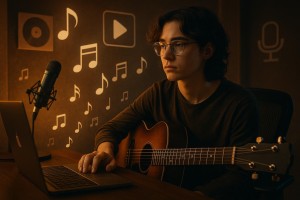 ine geschlechtsneutrale Musikerin oder ein Musiker sitzt in einem modernen Homestudio und arbeitet kreativ an Musik. Im Hintergrund sind Symbole der Musikindustrie wie Noten, Streaming-Icons, Mikrofone und Plattencover zu sehen. Die Szene ist in warmen, kontrastreichen Farben gehalten und vermittelt eine stimmungsvolle Atmosphäre zwischen Melancholie und Hoffnung – passend zum Thema „Musikbusiness und Karriere in der heutigen Zeit