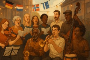 Verschiedene Musiker:innen unterschiedlicher Herkunft und Altersgruppen musizieren gemeinsam auf einer offenen Bühne in einem urbanen Kulturraum. Zu sehen sind klassische Streicher, Jazz-Bläser, Chorsänger:innen und Percussionist:innen mit Instrumenten wie Geige, Saxophon, Kontrabass und Trompete. Im Hintergrund sitzt ein Publikum, Notenblätter liegen aus, und dezente Flaggen von Deutschland, den Niederlanden, Skandinavien und Frankreich symbolisieren die internationale Vielfalt. Die Szene wirkt lebendig, kreativ und inklusiv.