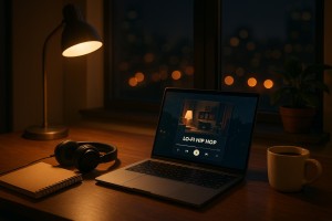 Stilvoll eingerichteter Schreibtisch bei Nacht mit Laptop, auf dem ein Musikplayer geöffnet ist. Daneben liegen ein Notizbuch, Kopfhörer und eine Tasse Kaffee. Warmes Licht einer Schreibtischlampe beleuchtet die Szene, im Hintergrund ist durch das Fenster eine verschwommene nächtliche Stadt zu sehen. Die Atmosphäre wirkt ruhig, kreativ und inspiriert – ideal für Musikproduktion oder entspanntes Arbeiten.