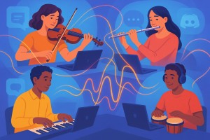 Digitale Illustration: Mehrere Musikerinnen und Musiker mit Instrumenten wie Geige, Flöte, Klavier und Percussion sitzen jeweils an Computern in unterschiedlichen Räumen. Sie sind durch leuchtende Linien oder abstrakte Klangwellen miteinander verbunden. Im Hintergrund sind dezente Symbole von Chatblasen und Sprachkanälen im Stil der Discord-Oberfläche zu sehen. Die Farbgebung ist geprägt von frischen Blau- und Lilatönen mit warmen Akzenten; die Stimmung wirkt kreativ, kollaborativ und einladend.