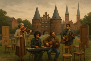 Eine kleine, vielfältige Gruppe von Menschen unterschiedlichen Alters musiziert gemeinsam im Freien auf einer Wiese in Lübeck. Sie spielen klassische und moderne Instrumente wie Geige, Gitarre und Keyboard. Im Hintergrund sind typische Lübecker Bauwerke wie das Holstentor und Backsteingotik zu sehen, dazu Wasserläufe. Um die Gruppe herum stehen leere Stühle und geschlossene Türen, die symbolisch für fehlende Räume und mangelnde Unterstützung für Musikschaffende stehen. Die Szene wirkt hoffnungsvoll, aber leicht melancholisch.