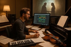 Ein moderner Filmmusiker arbeitet in einem kreativ eingerichteten Studio, umgeben von Notenblättern, Computern mit Musiksoftware, Synthesizern sowie klassischen Instrumenten wie Geige und Klavier; im Hintergrund läuft eine Filmprojektion auf einer Leinwand.