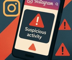 Smartphone mit geöffneter Instagram-App, auf dem Bildschirm erscheint eine verdächtige Nachricht mit Warnsymbol; im Hintergrund stilisierte Social-Media-Icons und dezente Warnfarben wie Rot und Gelb, die auf das Thema Instagram-Betrug hinweisen.