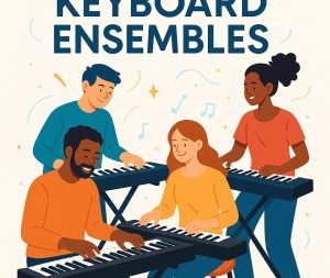 Mehrere junge Musikerinnen und Musiker spielen gemeinsam an modernen Keyboards in einem hellen, minimalistischen Raum. Die freundliche Atmosphäre und die dynamische Anordnung der Instrumente vermitteln Kreativität, Teamgeist und die Vielfalt eines zeitgemäßen Keyboard Ensembles.