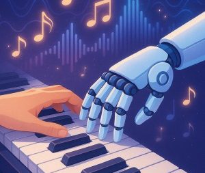 Stilisierte menschliche und Roboterhand spielen gemeinsam Klavier, umgeben von leuchtenden Noten und digitalen Soundwellen – Symbol für künstliche Intelligenz in der Musikproduktion.