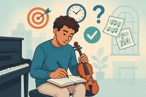 Junge Musikerin oder junger Musiker sitzt mit einem Instrument (Klavier oder Geige) nachdenklich vor einem offenen Notizbuch. Um sie oder ihn schweben grafische Symbole wie Zielscheibe, Uhr, Fragezeichen, Häkchen und Notenblätter. Im Hintergrund sind dezent Elemente eines Musikraums oder einer Musikhochschule zu erkennen. Die Farbgebung ist freundlich in Blau-, Türkis- und Pastelltönen gehalten. Das Bild wirkt halb-realistisch und leicht illustriert und symbolisiert Reflexion sowie persönliches Wachstum im Musikstudium.