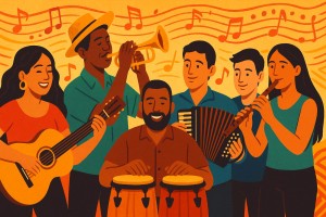 Gruppe von Musikerinnen und Musikern unterschiedlicher Herkunft spielt gemeinsam lateinamerikanische Instrumente wie Gitarre, Trompete, Congas, Bandoneon und Flöte; im Hintergrund stilisierte Notenlinien und rhythmische Muster in warmen Farben – das Bild strahlt Lebensfreude und musikalische Vielfalt aus.