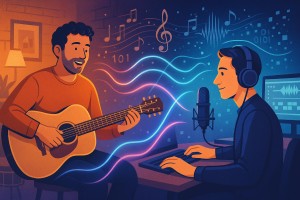 Zwei Musiker, einer im gemütlichen Probenraum mit Instrument, der andere am Computer mit Kopfhörern und Mikrofon, sind durch leuchtende digitale Verbindungslinien verbunden; im Hintergrund stilisierte Noten und digitale Symbole symbolisieren hybride Musikgestaltung.