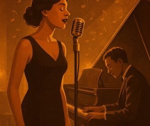 Stimmungsvolle Jazzclub-Szene mit einer Sängerin am Vintage-Mikrofon und einem Pianisten am Flügel. Die Atmosphäre ist warm und elegant, mit weichem Licht in Gold-, Orange- und Brauntönen. Im Hintergrund schweben dezente Noten, die eine moderne Interpretation des klassischen Jazz-Stils zum Song „Body and Soul“ vermitteln.